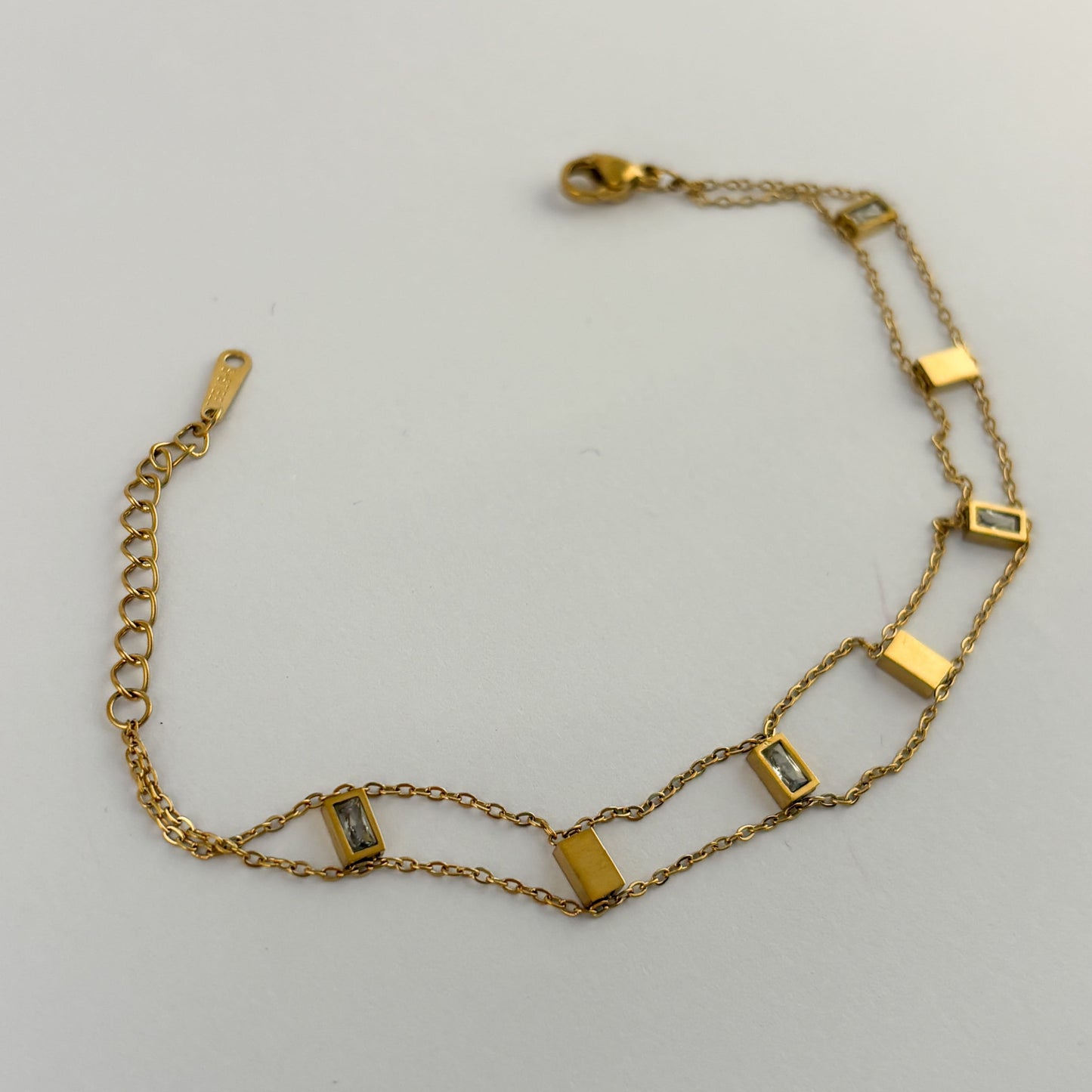 Pulsera doble acero inoxidable cristales rectangulares dorado