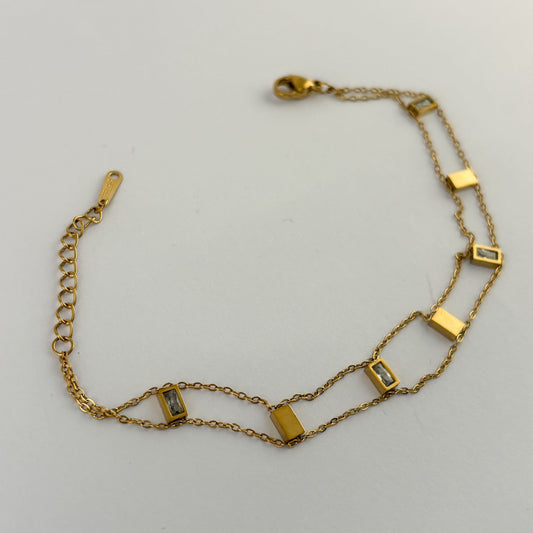 Pulsera doble acero inoxidable cristales rectangulares dorado
