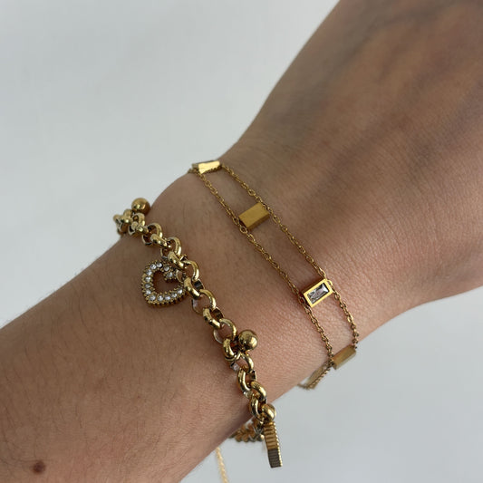 Pulsera doble acero inoxidable cristales rectangulares dorado