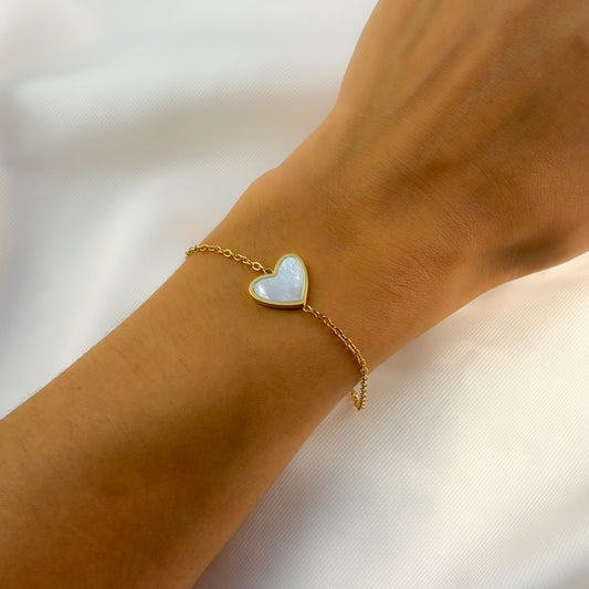 Pulsera acero inoxidable corazón madre perla dorado