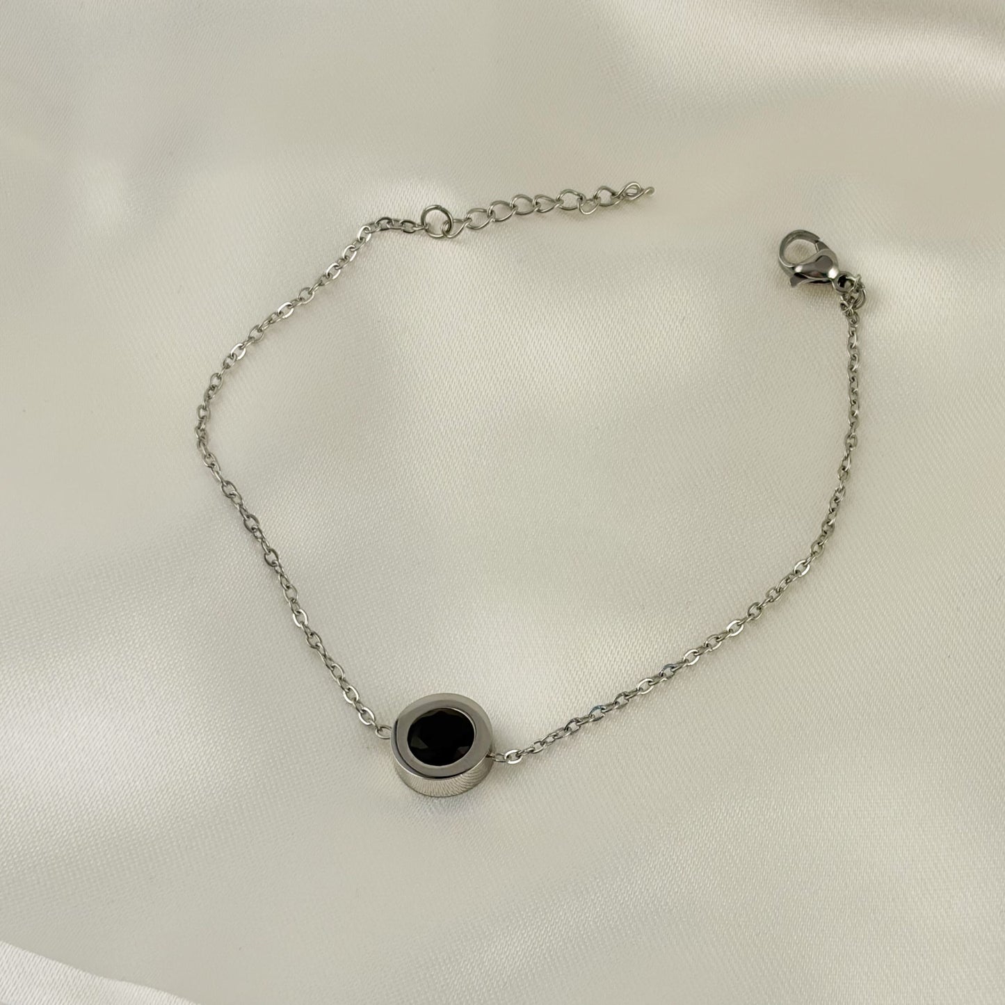 Pulsera acero inoxidable cadena círculo onix negro 17 + 3 cm