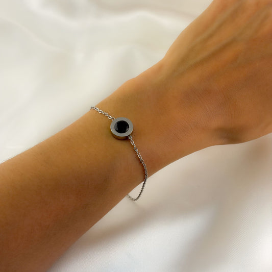 Pulsera acero inoxidable cadena círculo onix negro 17 + 3 cm