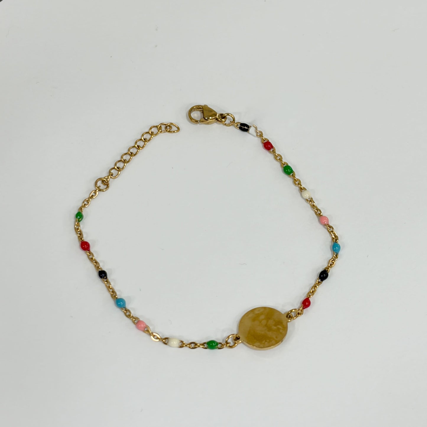 Pulsera acero inoxidable dorada cadena bolitas de colores circulo