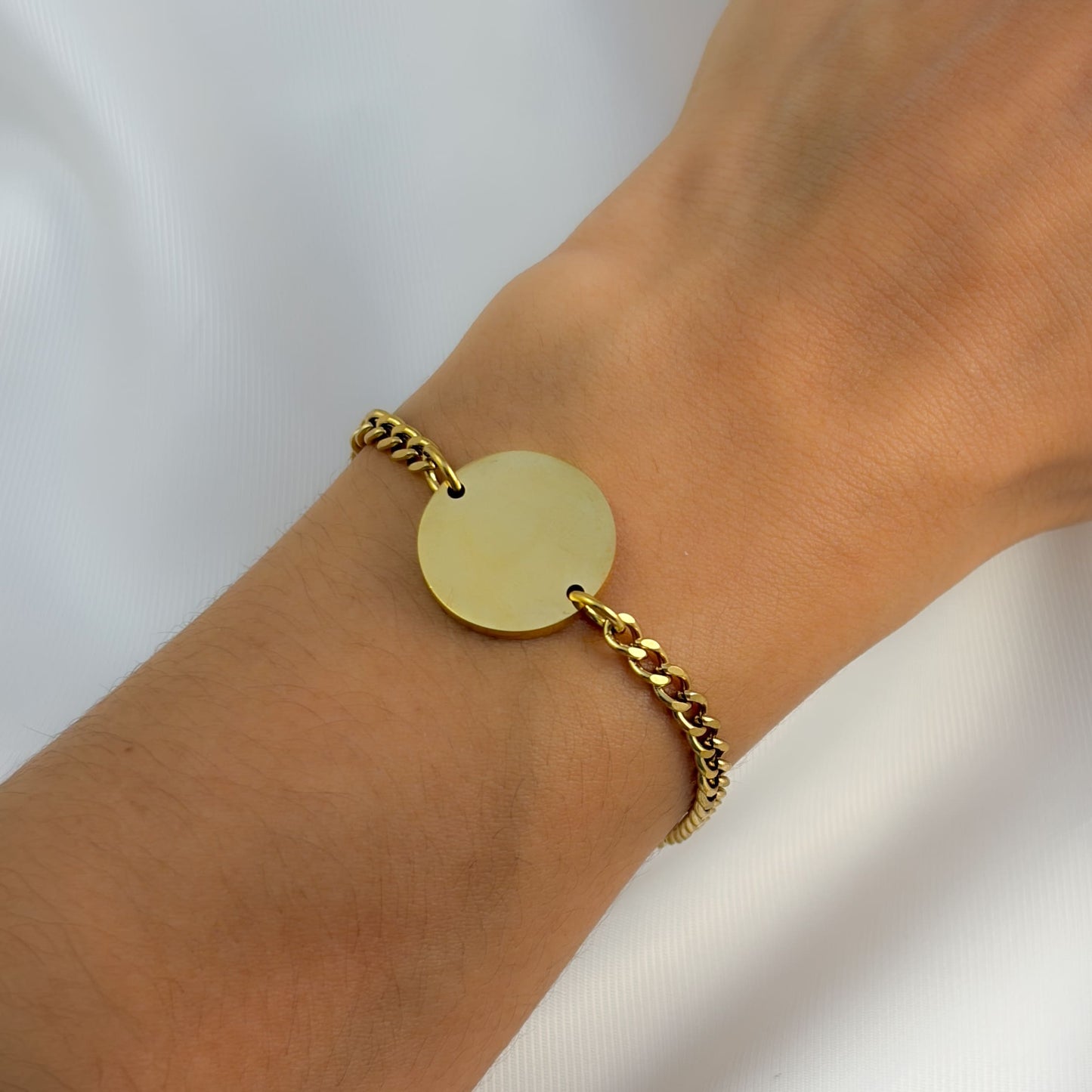Pulsera cadena barbada dije circular para grabar acero inoxidable 21 CM