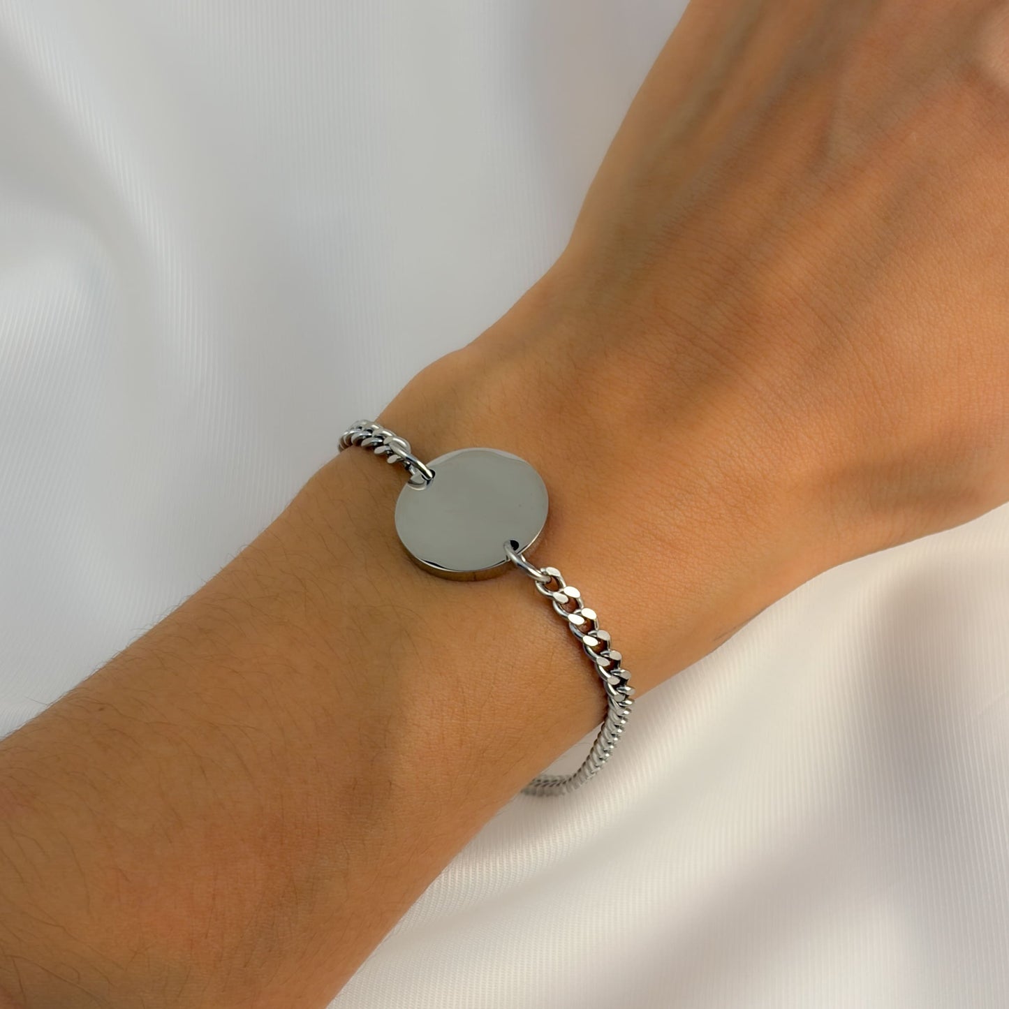 Pulsera cadena barbada dije circular para grabar acero inoxidable 21 CM