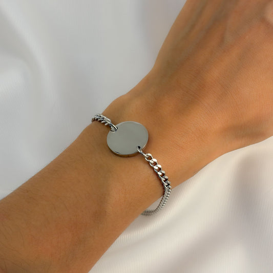 Pulsera cadena barbada dije circular para grabar acero inoxidable 21 CM