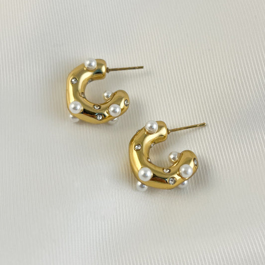 Semi arracada perlas zirconias incrustadas acero inoxidable dorado