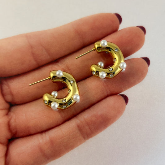 Semi arracada perlas zirconias incrustadas acero inoxidable dorado