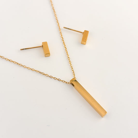 Set acero inoxidable collar y aretes barra en dorado