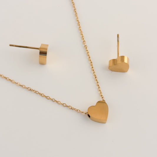 Set collar y aretes acero inoxidable corazón liso en dorado