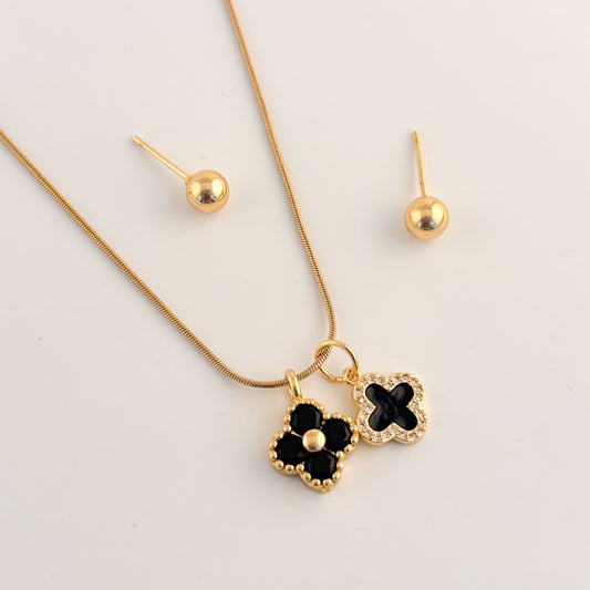 Set collar acero y aretes chapa de oro tréboles negros