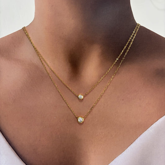 Set arete y collar doble acero inoxidable cristal redondo bisel