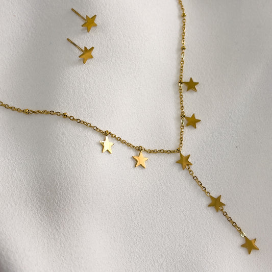Set collar con aretes estrellas acero inoxidable dorado