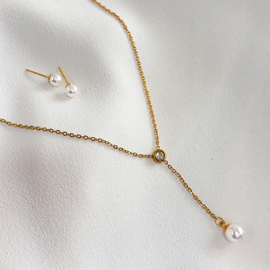Set collar con aretes perla zirconia acero inoxidable dorado
