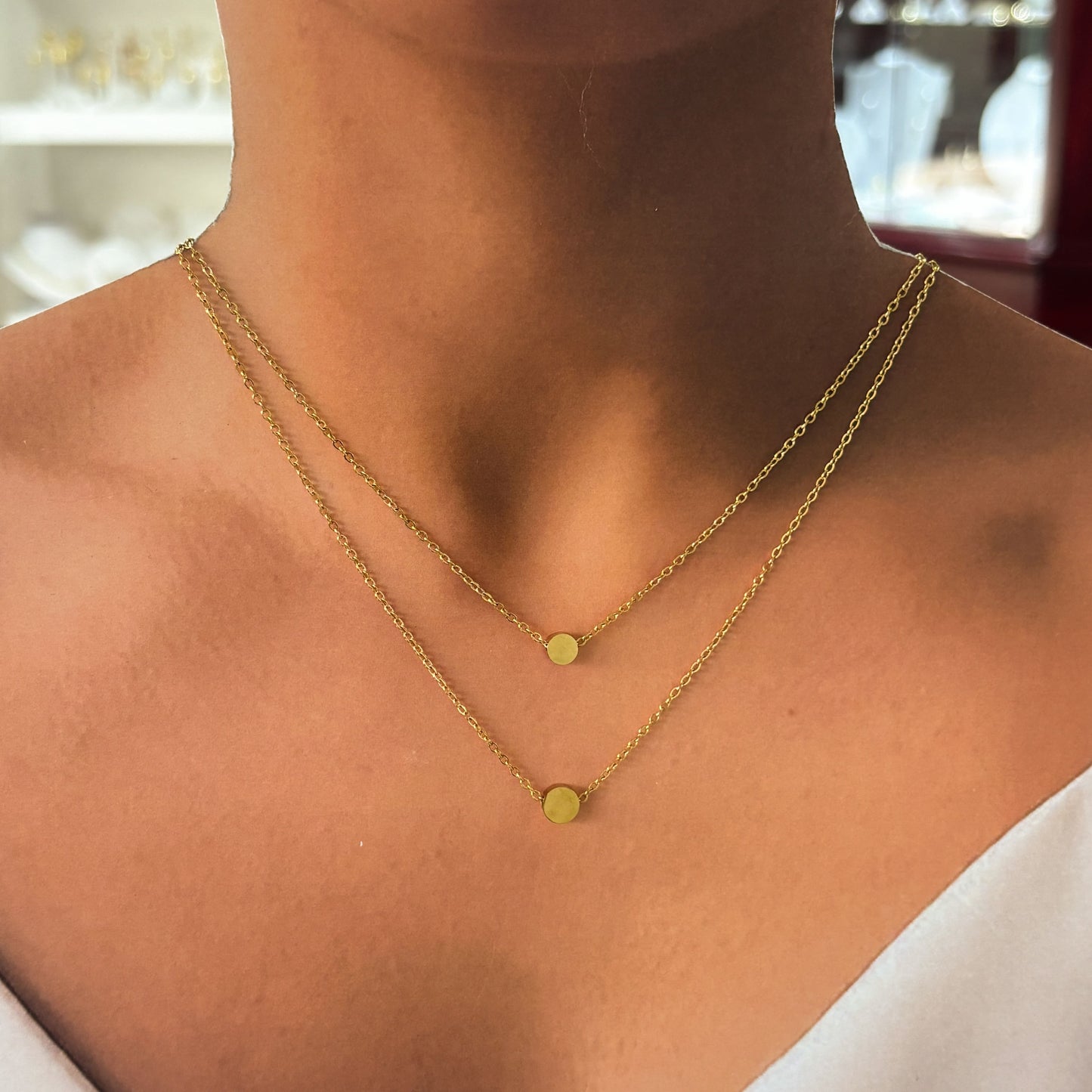 Set aretes y collar doble acero inoxidable circulo mini dorado