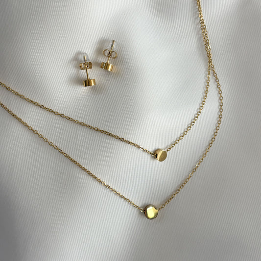 Set aretes y collar doble acero inoxidable circulo mini dorado