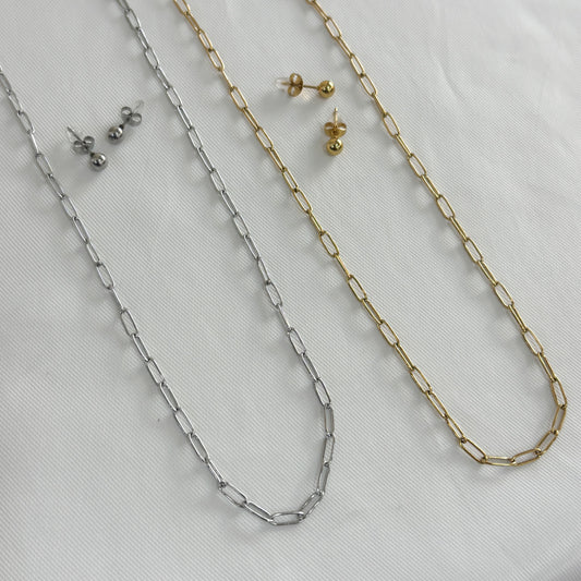 Set aretes y collar acero inoxidable cadena clip