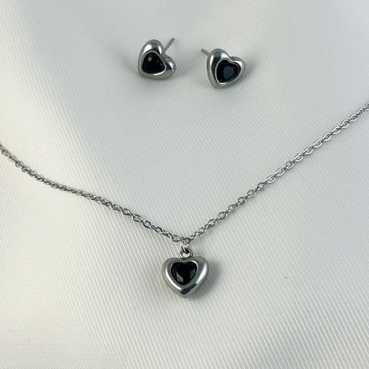 Set aretes y collar acero inoxidable corazón cristal negro