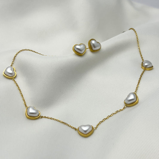 Set aretes y collar acero inoxidable corazón perla dorado