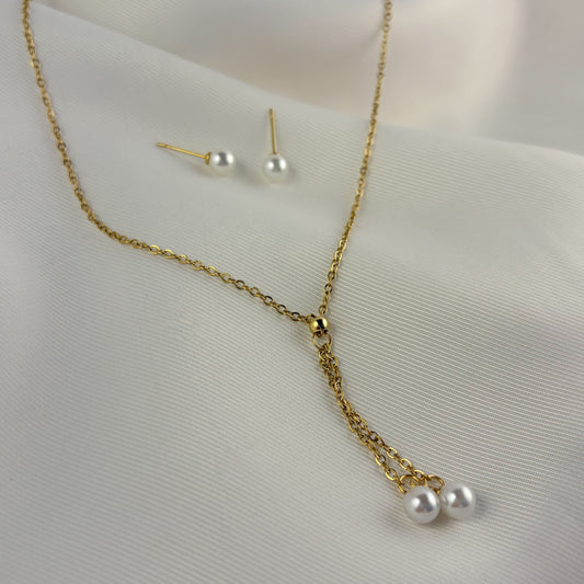 Set collar aretes acero inoxidable perlas corbatín dorado