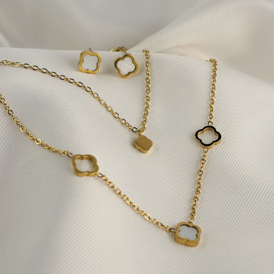 Set aretes collar doble acero inoxidable trébol madre perla dorado