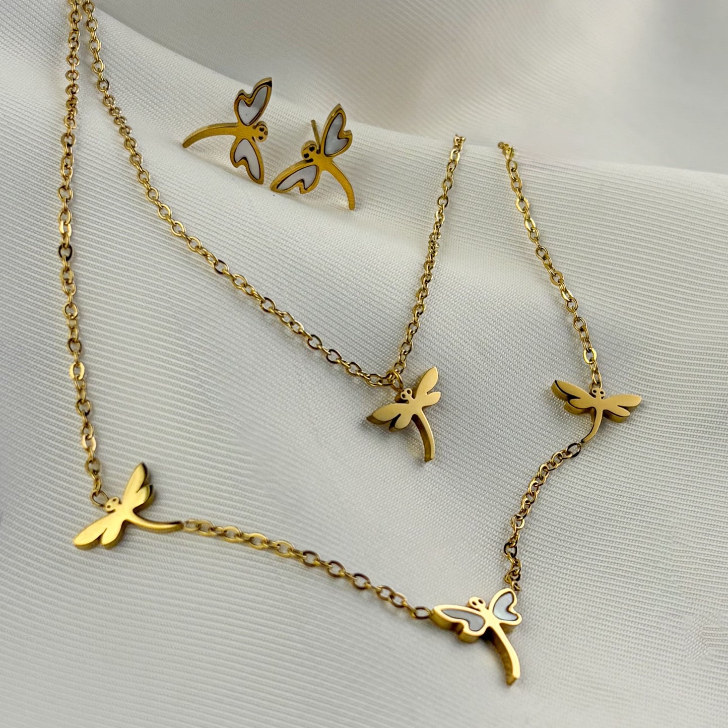 Set aretes collar doble acero inoxidable libélula madre perla dorado