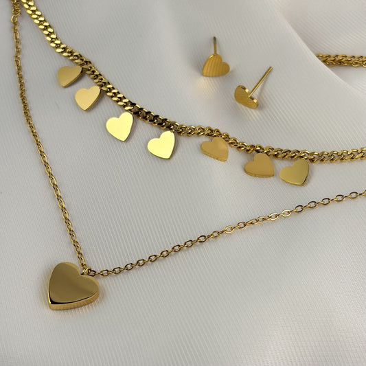 Set aretes collar doble acero inoxidable corazones dorado