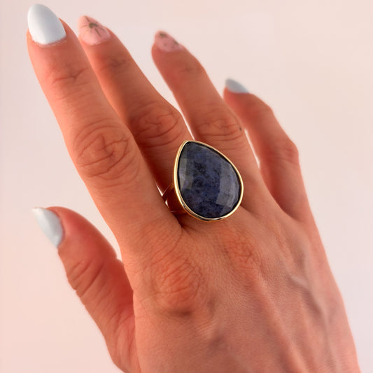 Anillo piedra natural lapizlázuli chapa de oro ajustable