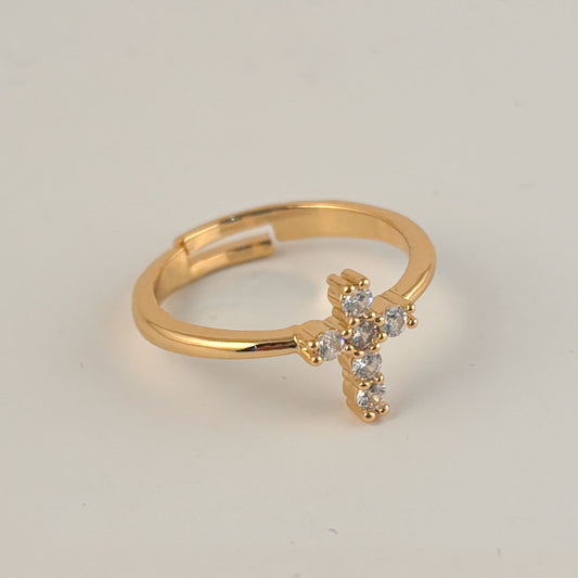 Anillo cruz zirconias chapa de oro ajustable