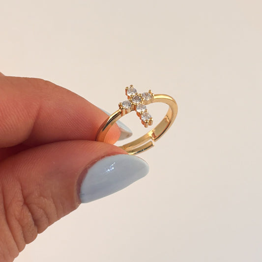 Anillo cruz zirconias chapa de oro ajustable