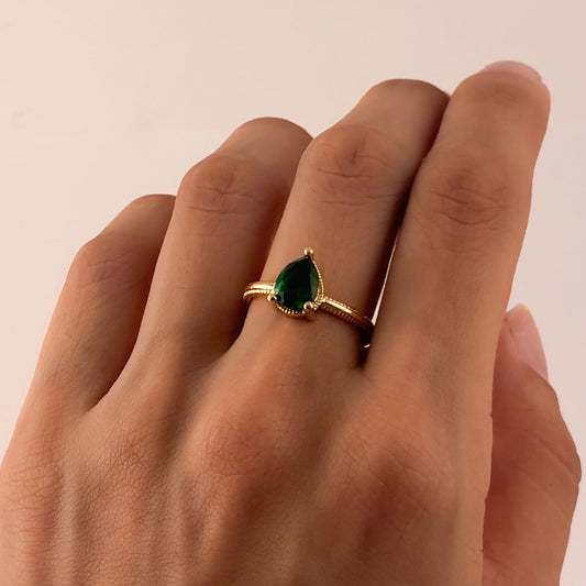 Anillo delgado ajustable chapa de oro gota verde