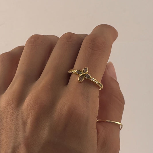 Anillo delgado ajustable chapa de oro flor 4 picos