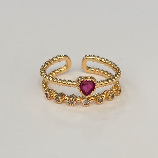 Anillo doble chapa de oro corazón rojo