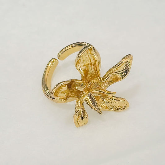 Anillo flor 3D ajustable chapa de oro