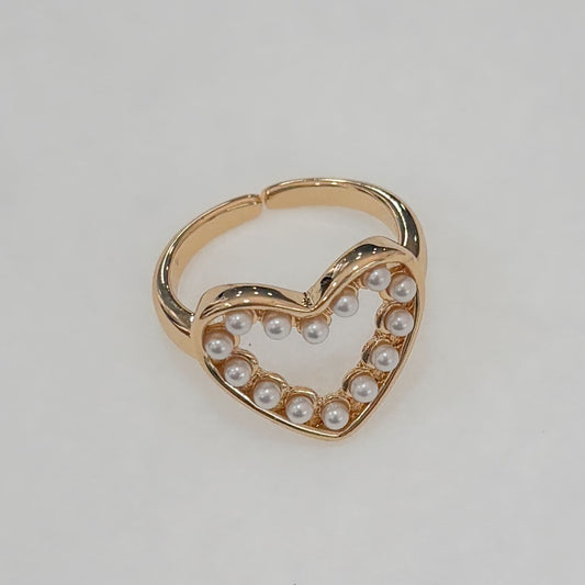 Anillo corazón perlas chapa de oro ajustable