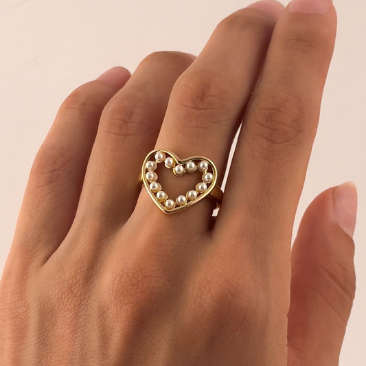 Anillo corazón perlas chapa de oro ajustable