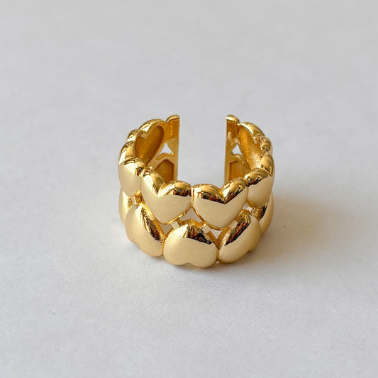 Anillo grueso doble corazones chapa de oro ajustable