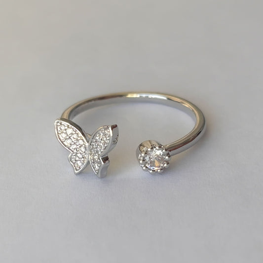 Anillo ajustable plateado mariposa punto chapa de oro
