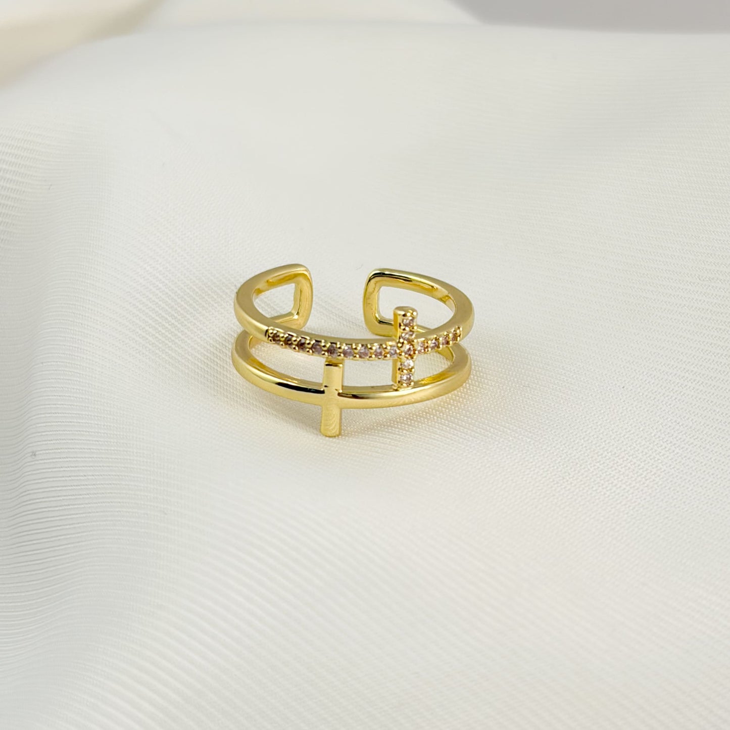 Anillo doble cruz chapa de oro zirconias ajustable