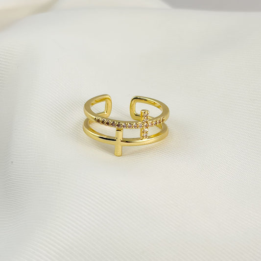 Anillo doble cruz chapa de oro zirconias ajustable