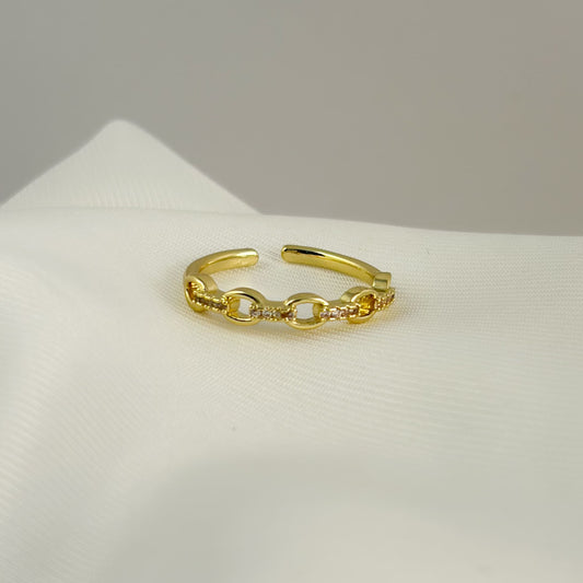 Anillo delgado eslabón óvalos zirconias chapa de oro ajustable