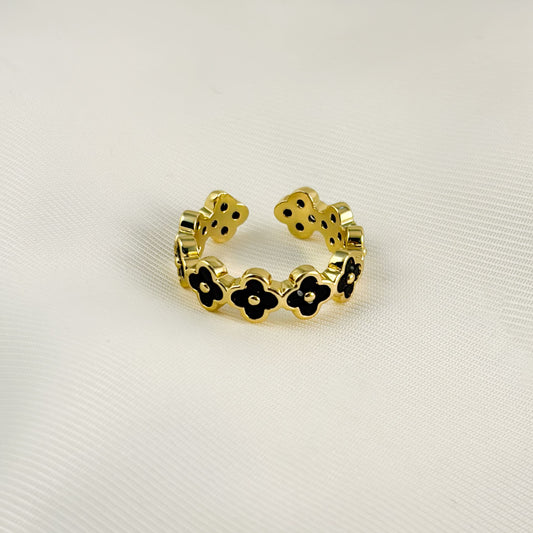 Anillo tréboles negros chapa de oro ajustable
