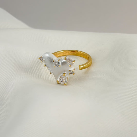 Anillo corazón blanco abstracto chapa de oro ajustable cristales