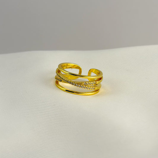 Anillo 4 líneas zirconias cruzadas chapa de oro ajustable
