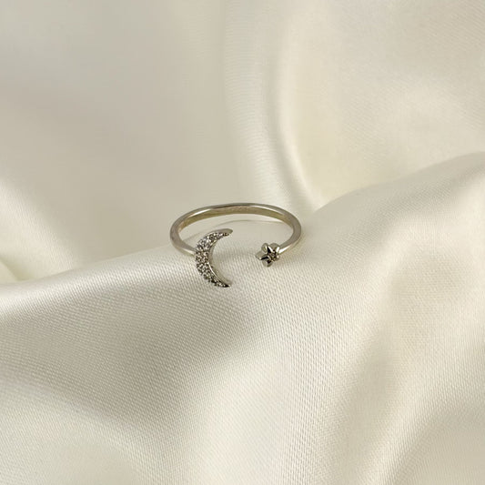 Anillo plateado luna ajustable zirconias chapa de oro