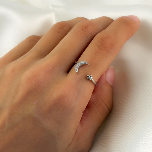 Anillo plateado luna ajustable zirconias chapa de oro