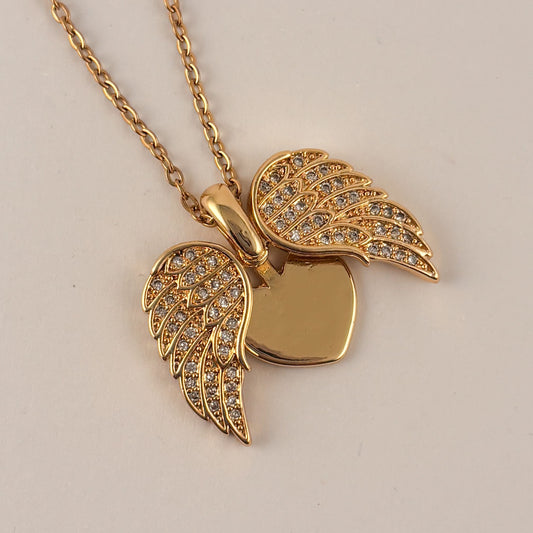 Collar dije corazón con alas de ángel para grabar cadena de acero inoxidable