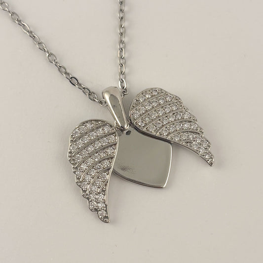 Collar dije corazón con alas de ángel para grabar cadena de acero inoxidable