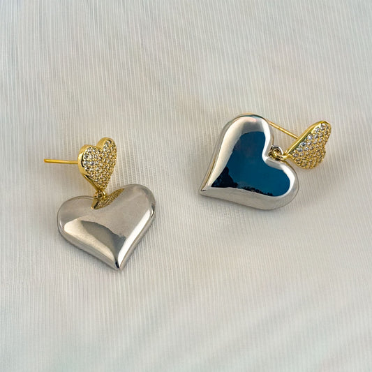 Aretes corazón doble bicolor chapa de oro