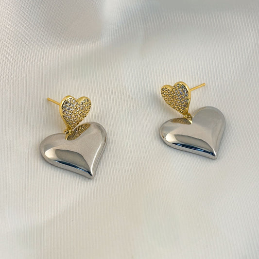 Aretes corazón doble bicolor chapa de oro